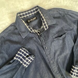 Stacy Adams Mens Blue Denim Pockets Long Sleeve Button-Up Shirt Size XL